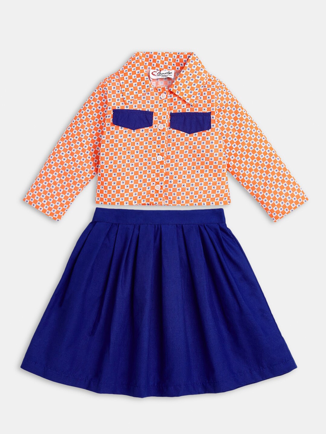 

Hopscotch Girls Orange & Blue Pure Cotton Printed Shirt with Skirt