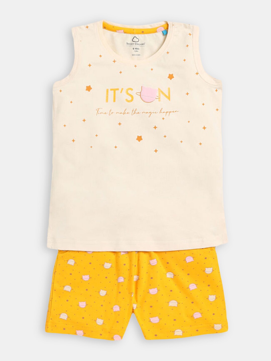 

Hopscotch Girls Beige & Yellow Pure Cotton Printed T-shirt with Short