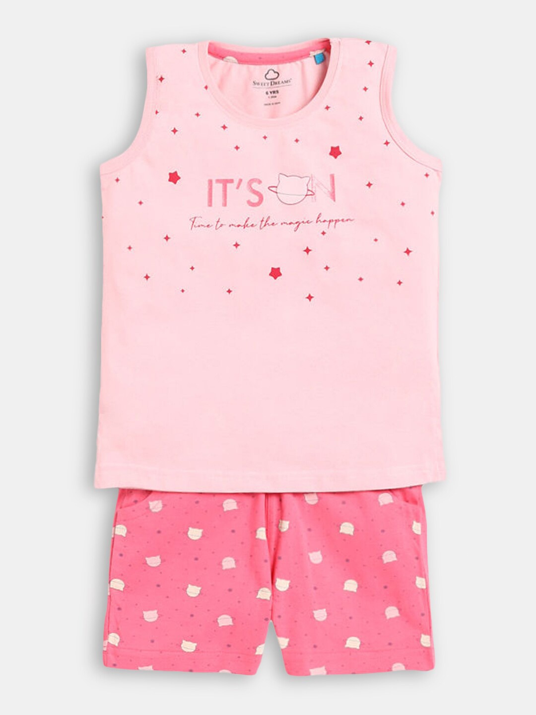 

Hopscotch Girls Pink & Cream-Coloured Pure Cotton Printed T-shirt with Short
