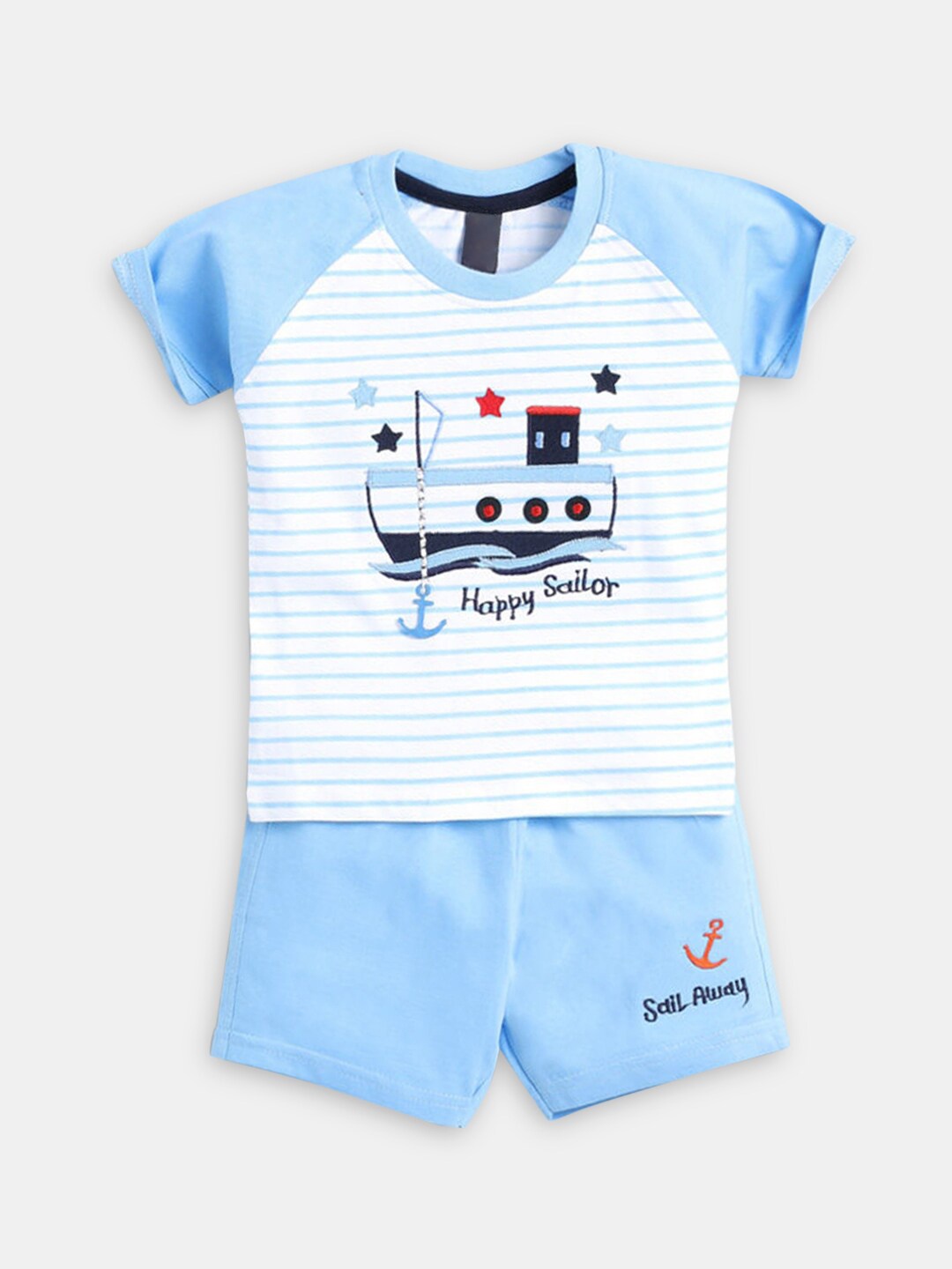 

Hopscotch Boys Blue & White Striped Pure Cotton T-shirt with Shorts