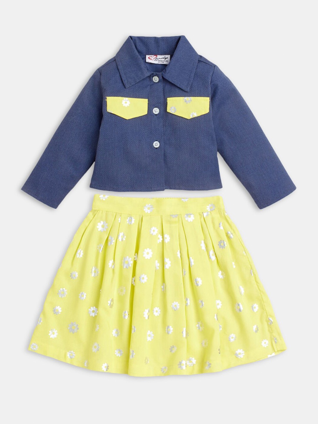 

Hopscotch Girls Blue & Yellow Pure Cotton Printed Shirt with Skirt