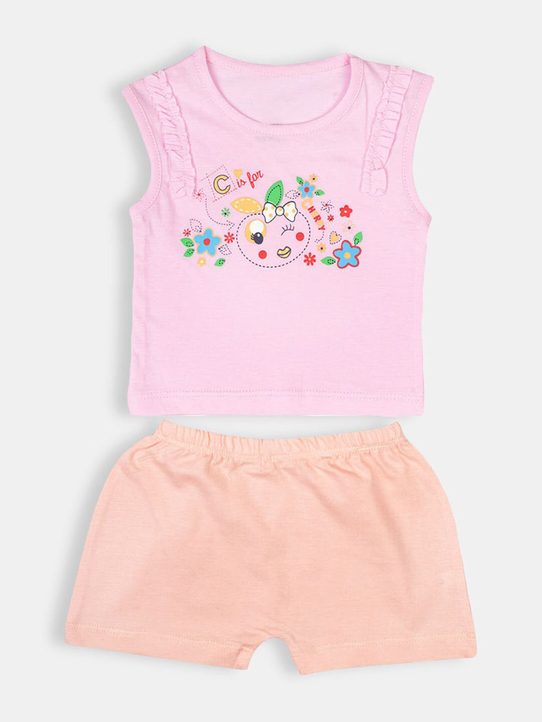 

Hopscotch Girls Pink & Orange Pure Cotton Printed T-shirt with Shorts