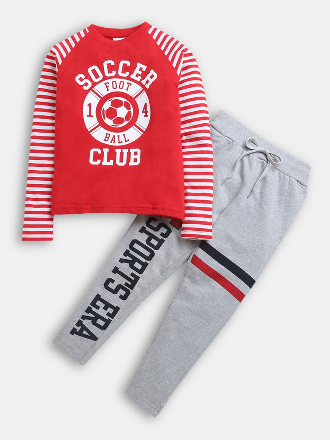 

Hopscotch Boys Red & Grey Pure Cotton Printed T-shirt with Pyjamas