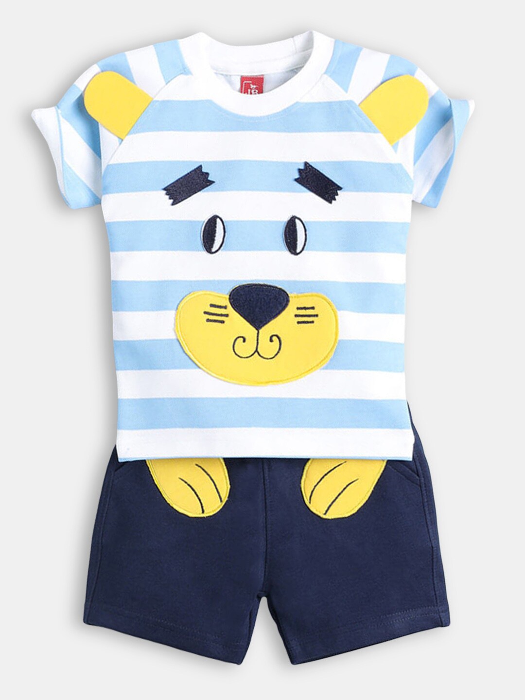 

Hopscotch Boys Navy Blue & White Pure Cotton Striped T-shirt with Short