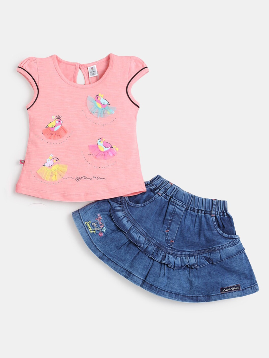 

Hopscotch Girls Pink & Blue Pure Cotton Printed Top with Skirt