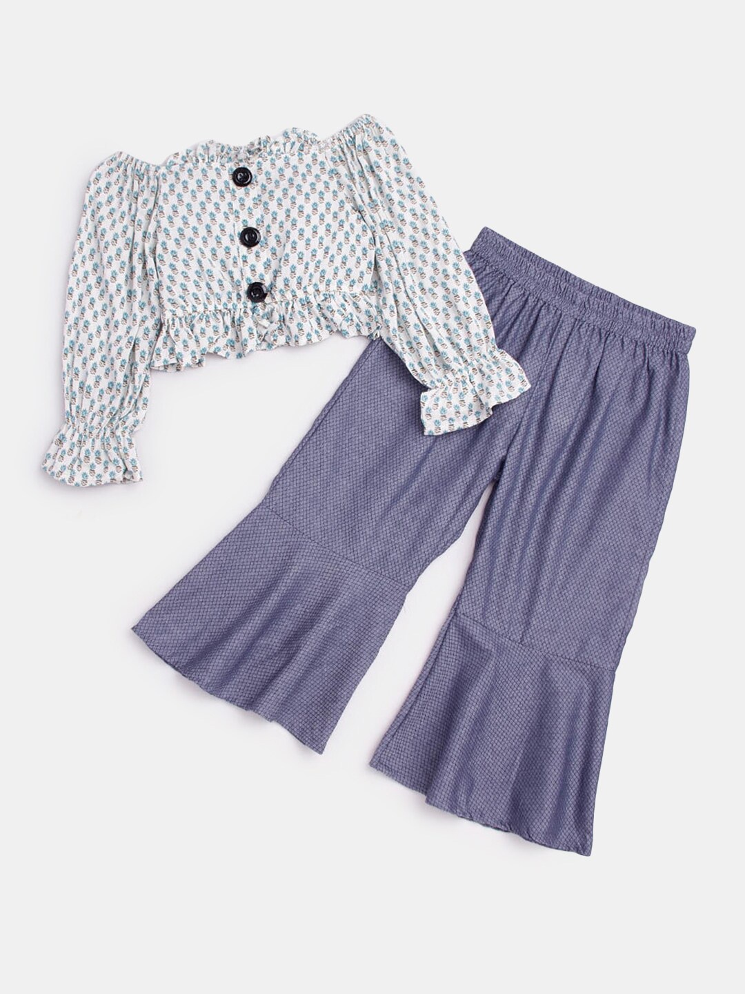 

Hopscotch Girls White & Violet Printed Top with Palazzos