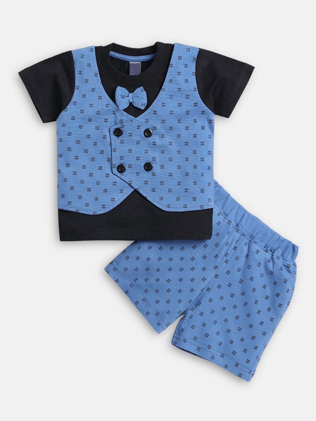

Hopscotch Boys Blue & Black Pure Cotton Printed T-shirt with Short & Waist Coat