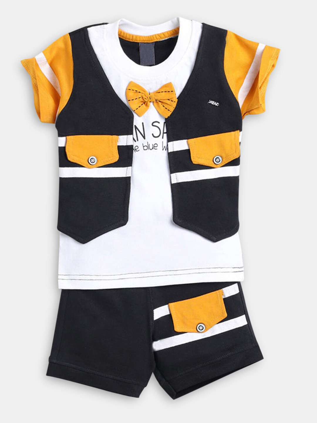 

Hopscotch Boys Yellow & Black Pure Cotton Printed T-shirt with Shorts
