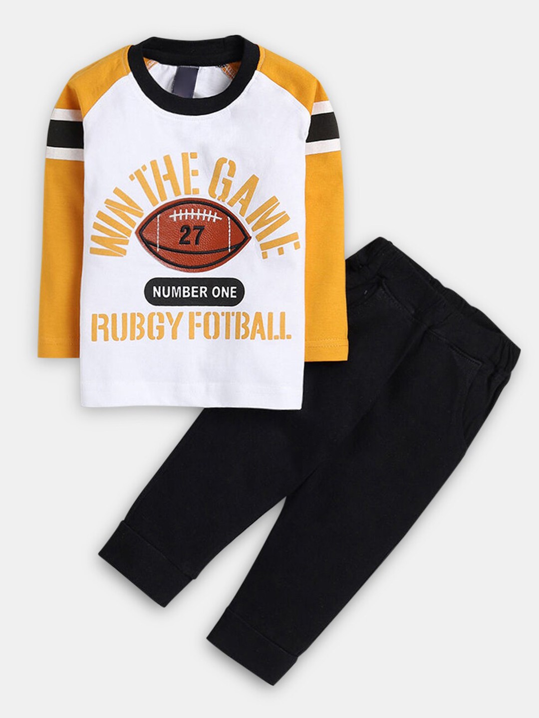 

Hopscotch Boys Yellow & Black Pure Cotton Printed T-shirt with Trousers