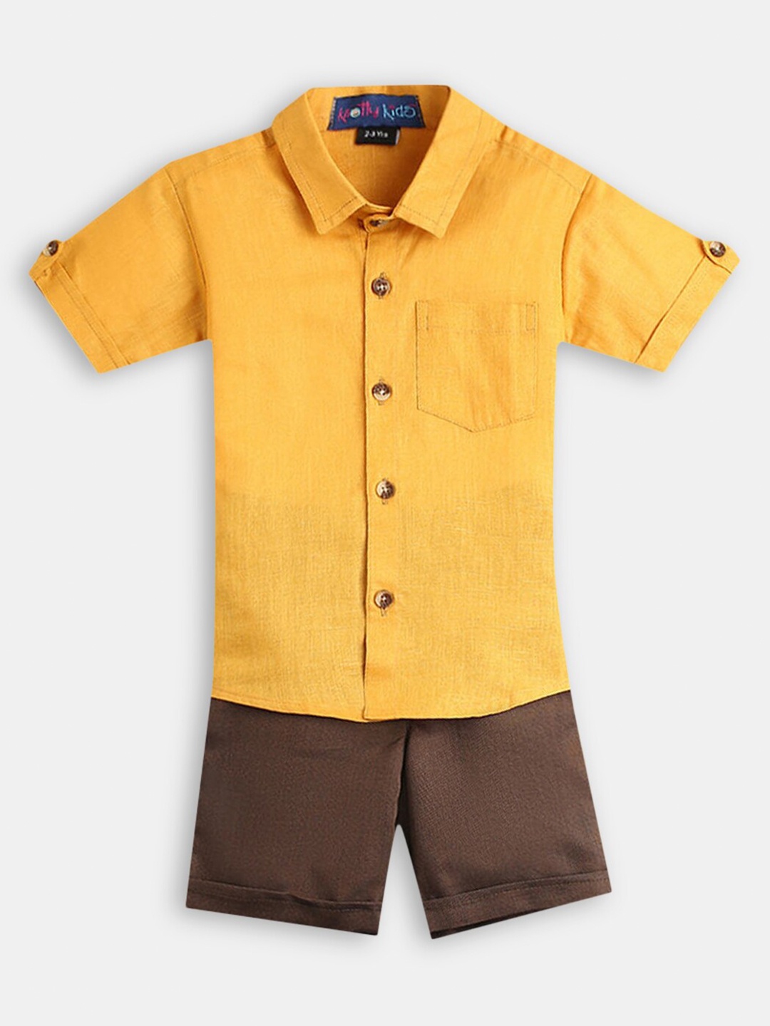 

Hopscotch Boys Yellow & Brown Pure Cotton Solid Shirt with Shorts