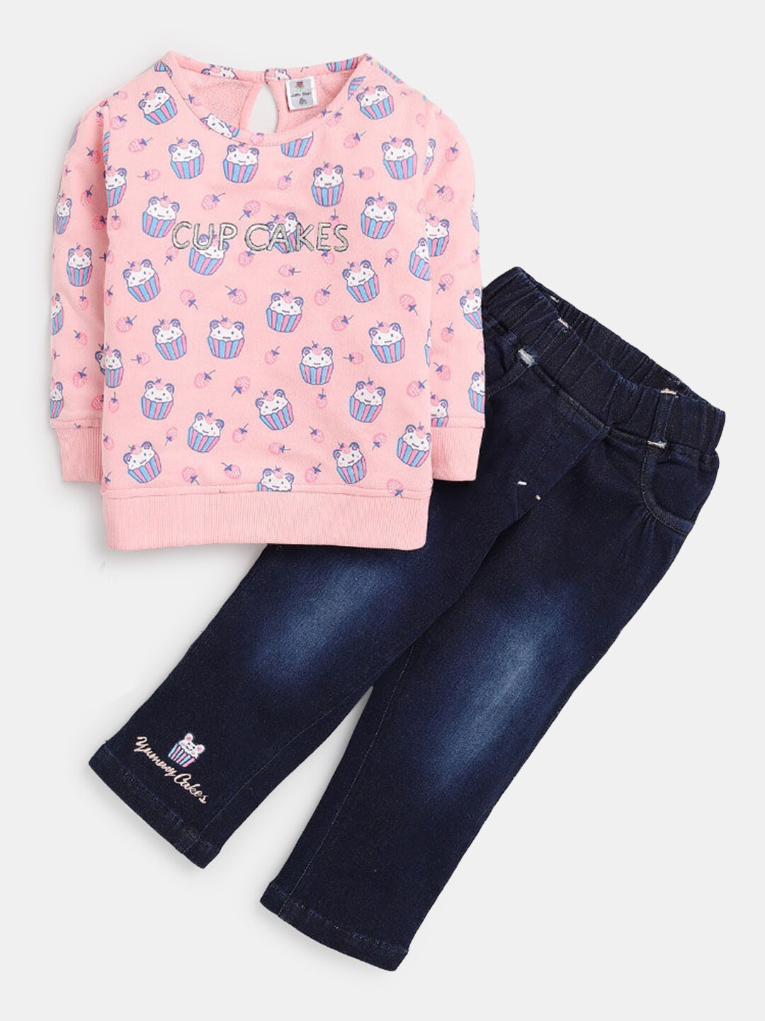 

Hopscotch Girls Peach-Coloured & Navy Blue Pure Cotton Printed T-shirt with Trouser