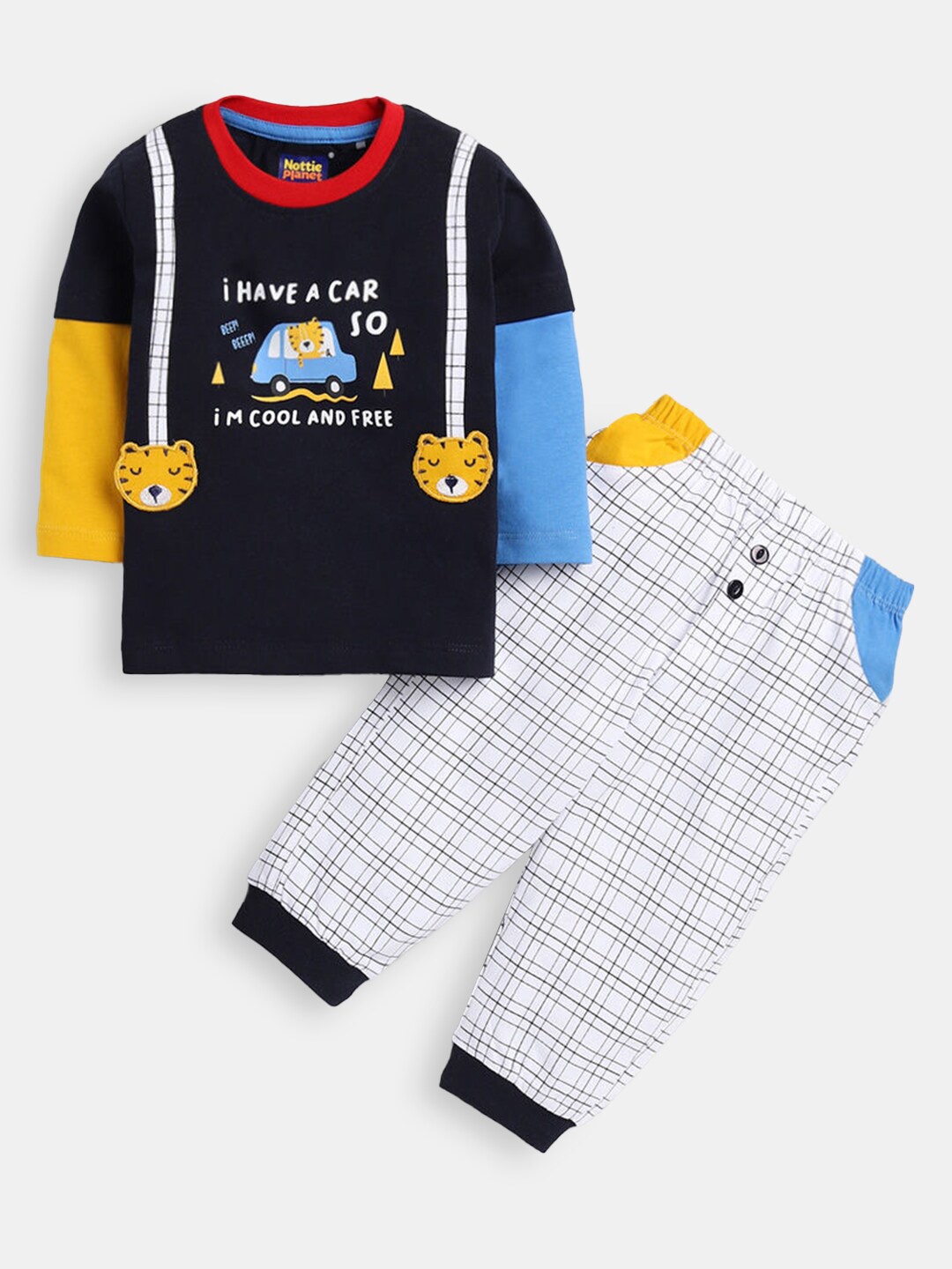 

Hopscotch Boys Blue & Black Pure Cotton Printed T-shirt with Trouser