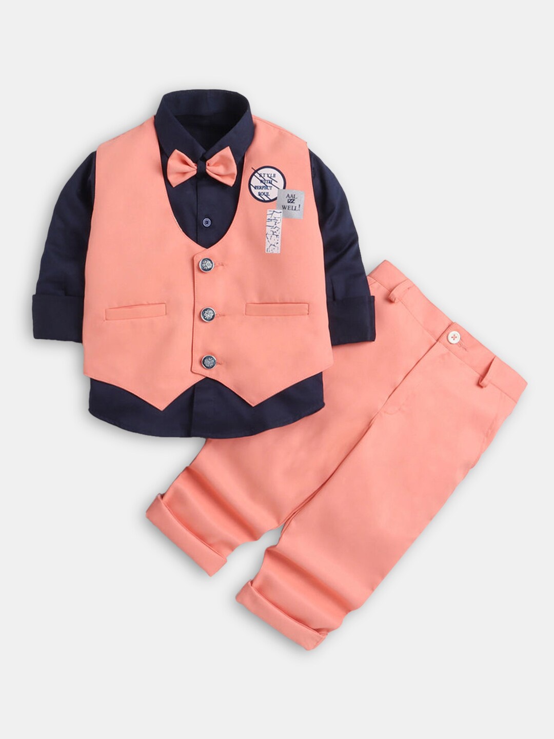 

Hopscotch Boys Peach-Coloured & Black Solid Shirt & Trouser With Waist Coat