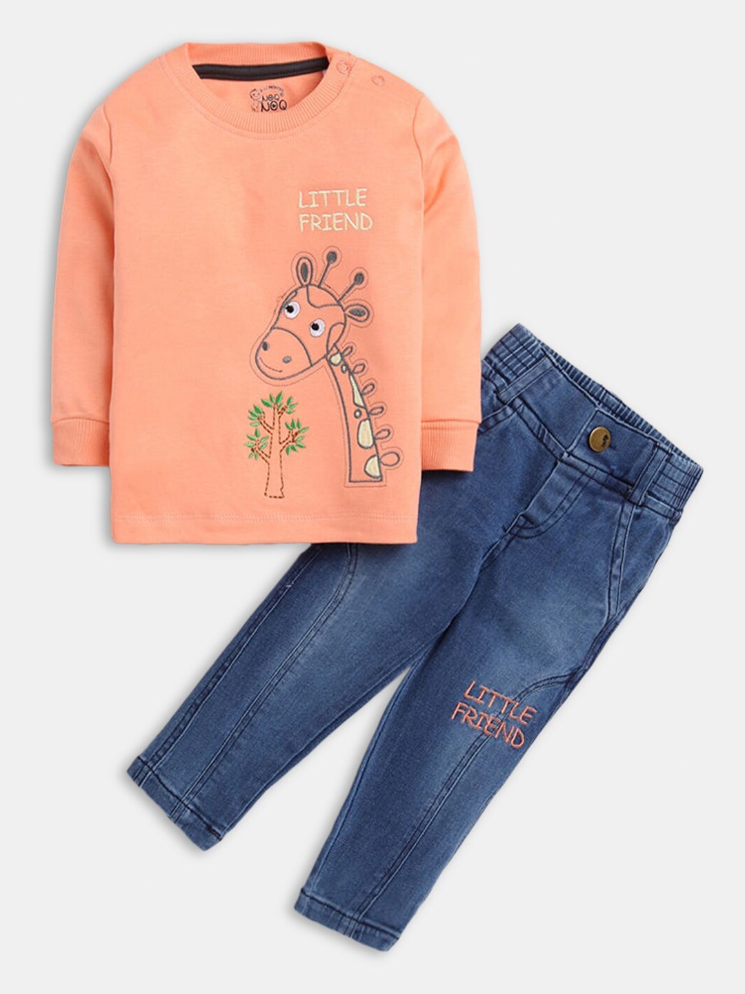 

Hopscotch Boys Orange & Blue Pure Cotton Printed T-shirt with Trousers