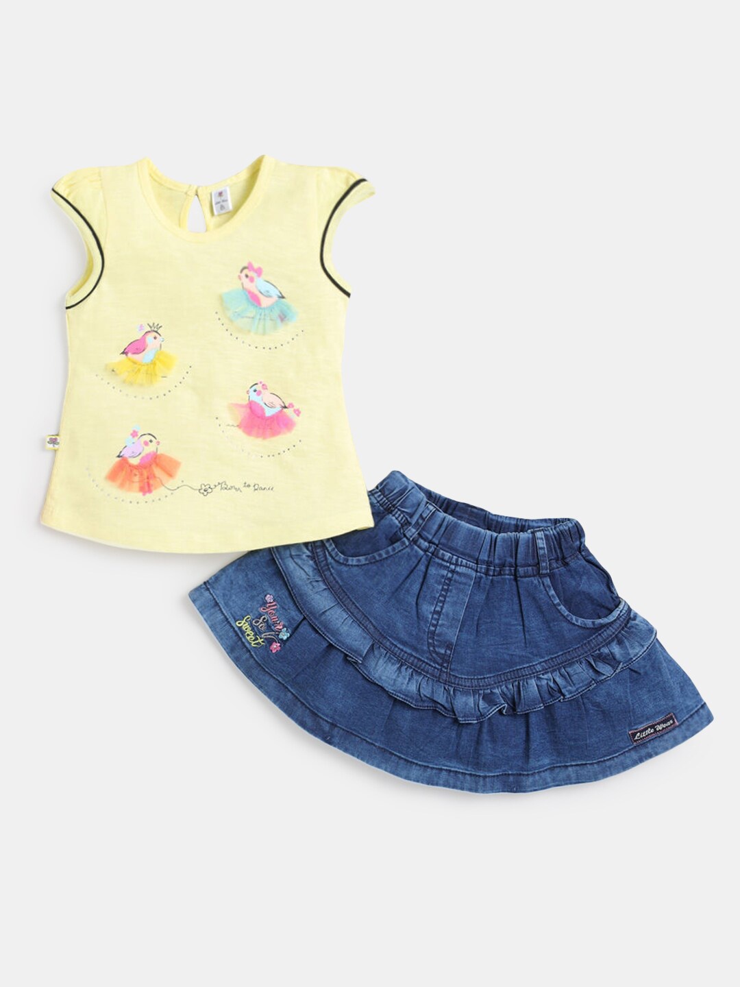 

Hopscotch Girls Yellow & Blue Pure Cotton Printed Top with Skirt