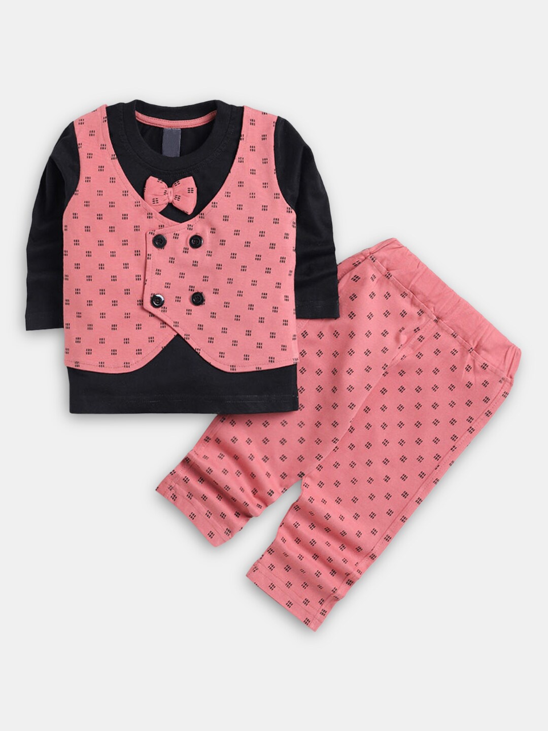 

Hopscotch Boys Pink & Black Pure Cotton T-shirt & Trousers With Waist Coat