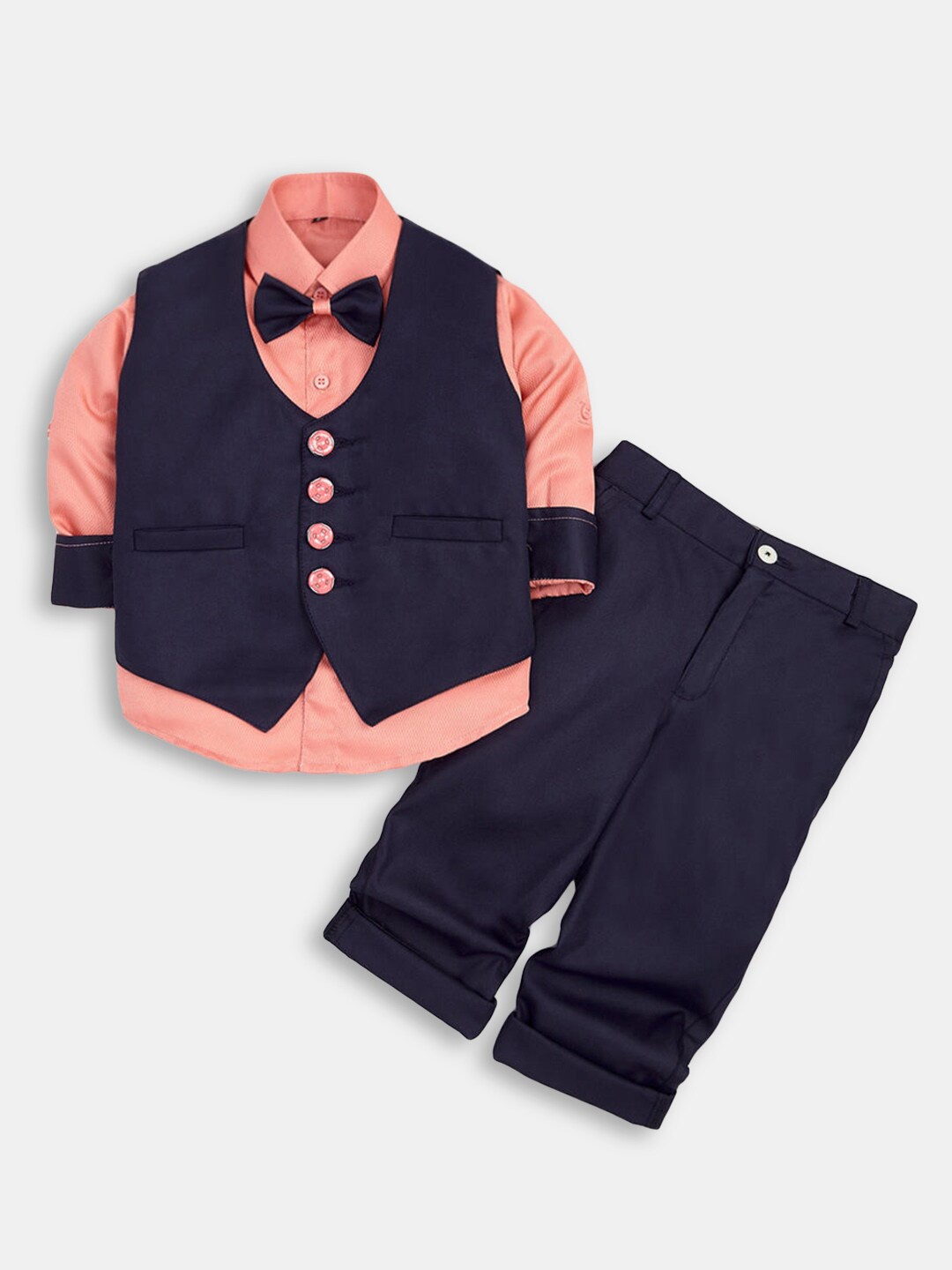 

Hopscotch Boys Navy Blue & Peach-Coloured Pure Cotton Solid Shirt with Trousers