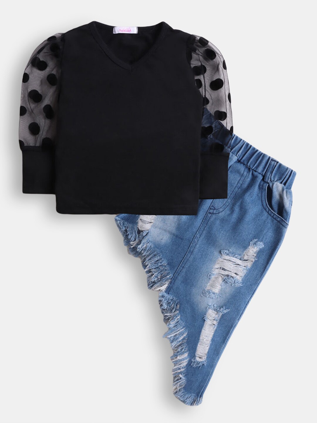

Hopscotch Girls Black & Blue Self Design Top with Skirt