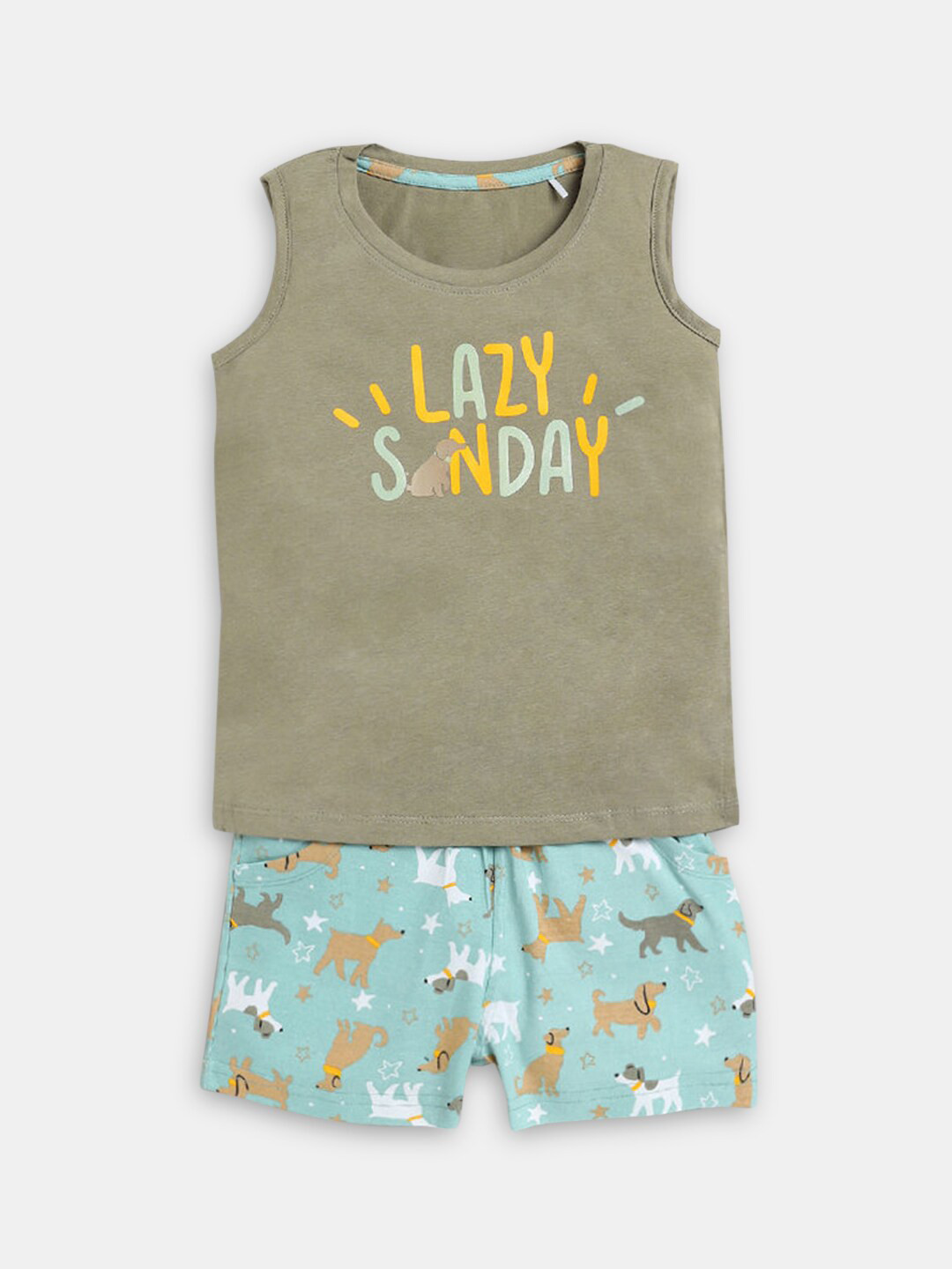 

Hopscotch Girls Olive Green & Green Printed T-shirt with Shorts