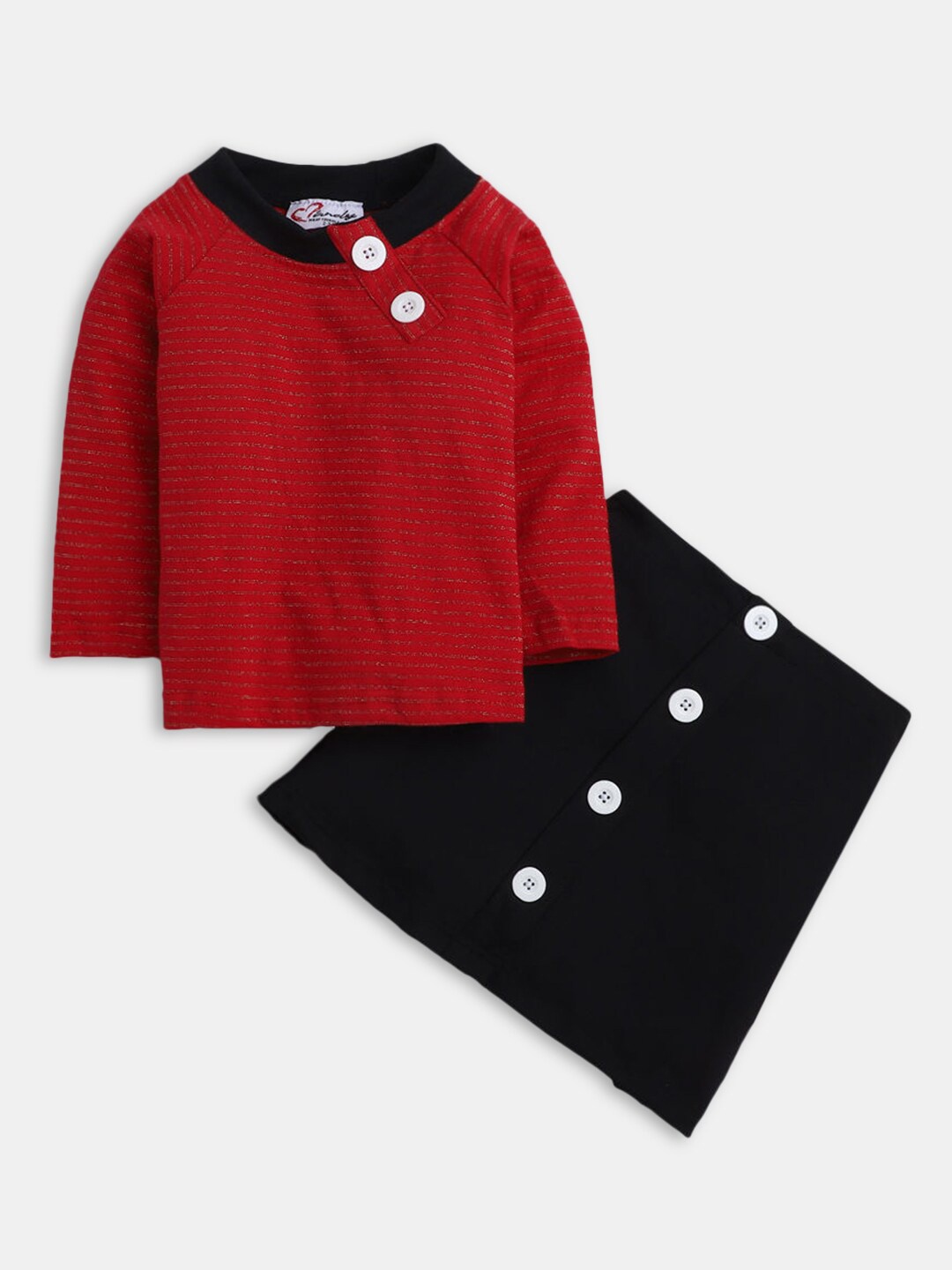 

Hopscotch Girls Red & Black Pure Cotton Solid T-shirt with Skirt