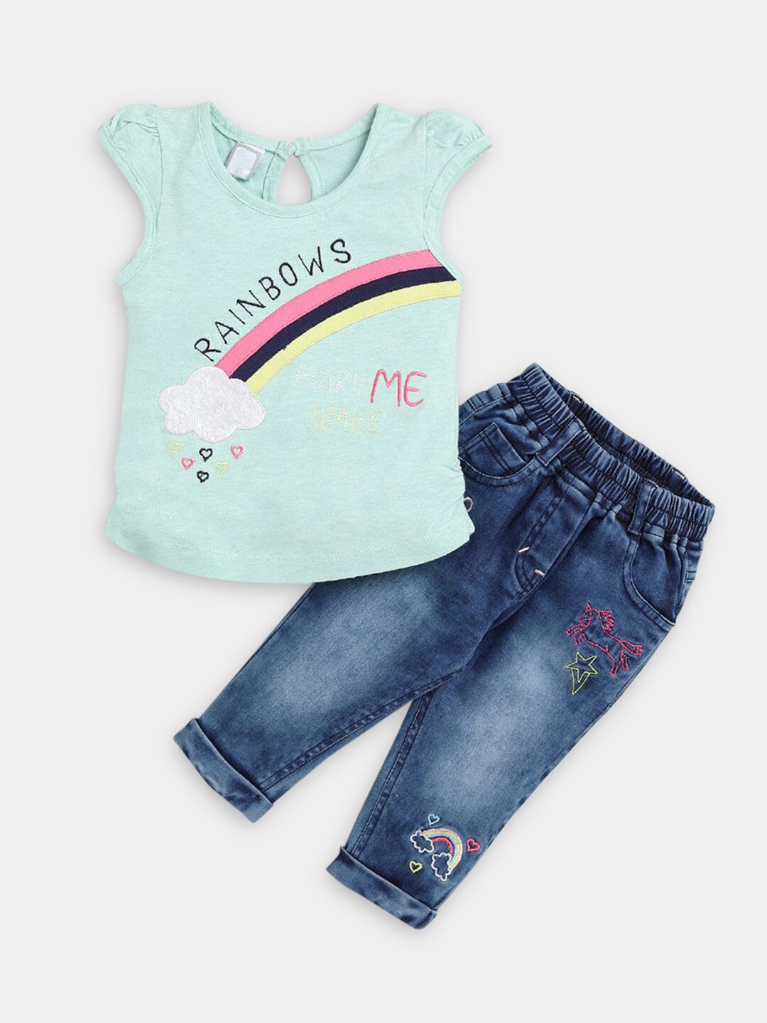 

Hopscotch Girls Green & Blue Pure Cotton Printed Top with Trousers