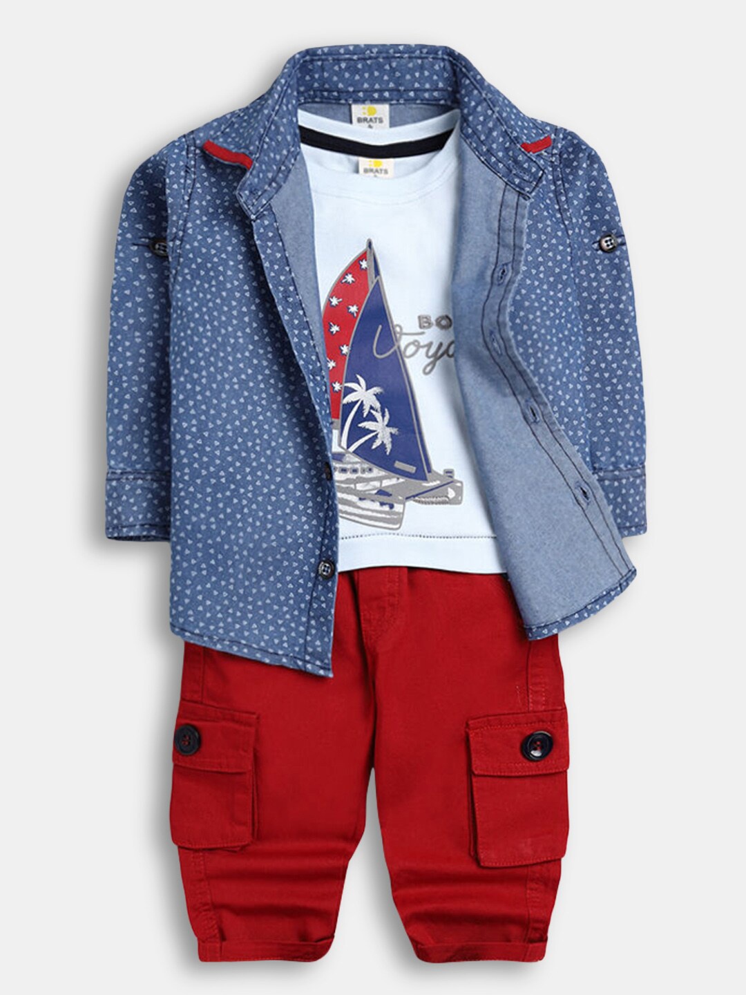 

Hopscotch Boys Red & Blue Pure Cotton Printed T-shirt and Shirt with Trousers