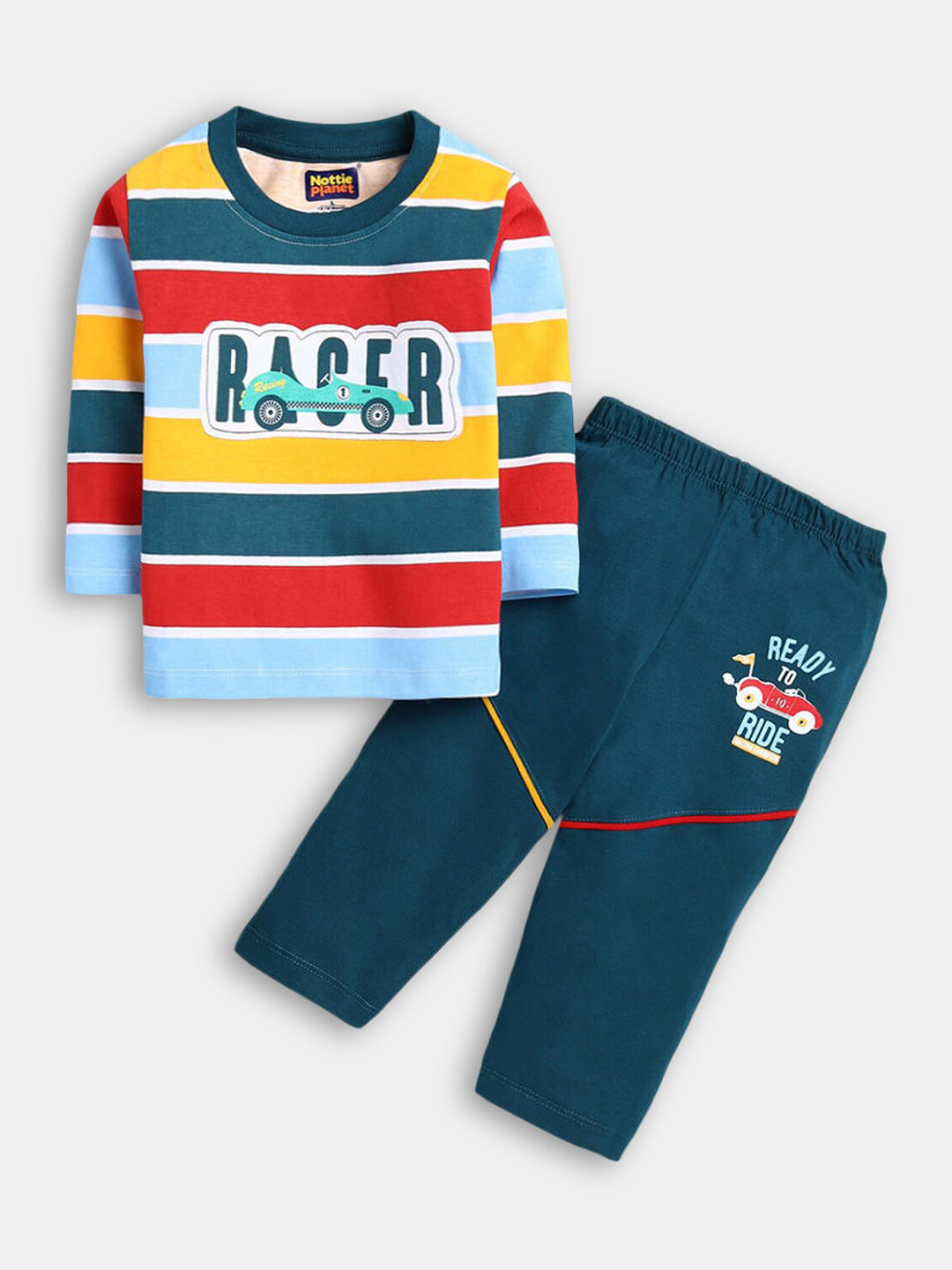 

Hopscotch Boys Blue & Yellow Striped Pure Cotton T-shirt with Trousers