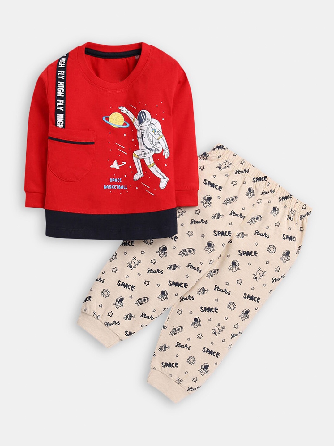 

Hopscotch Boys Red & Beige Printed T-shirt with Trousers