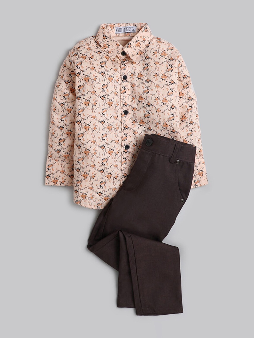 

Hopscotch Boys Orange & Brown Printed Pure Cotton Shirt with Trousers