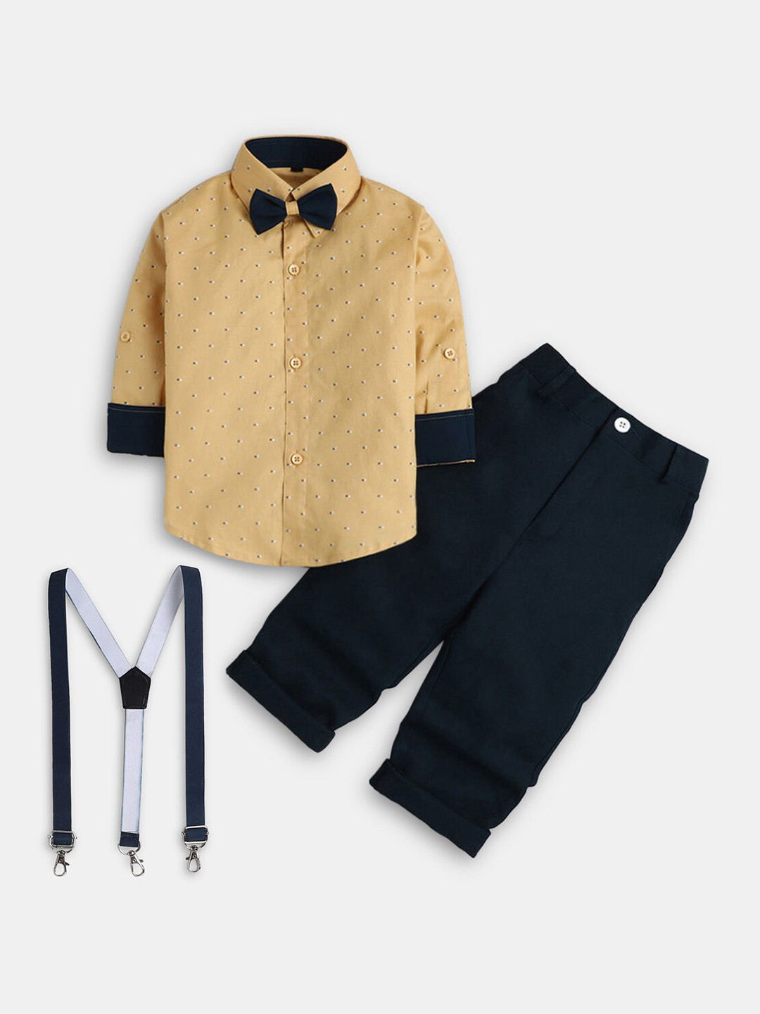 

Hopscotch Boys Beige & Blue Printed Pure Cotton Shirt with Trousers