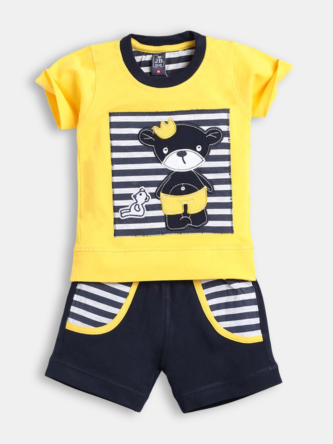 

Hopscotch Boys Yellow & Black Striped Pure Cotton T-shirt with Shorts