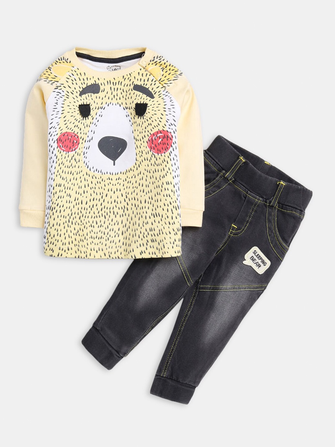 

Hopscotch Boys Cream-Coloured & Black Printed Pure Cotton T-shirt with Trousers