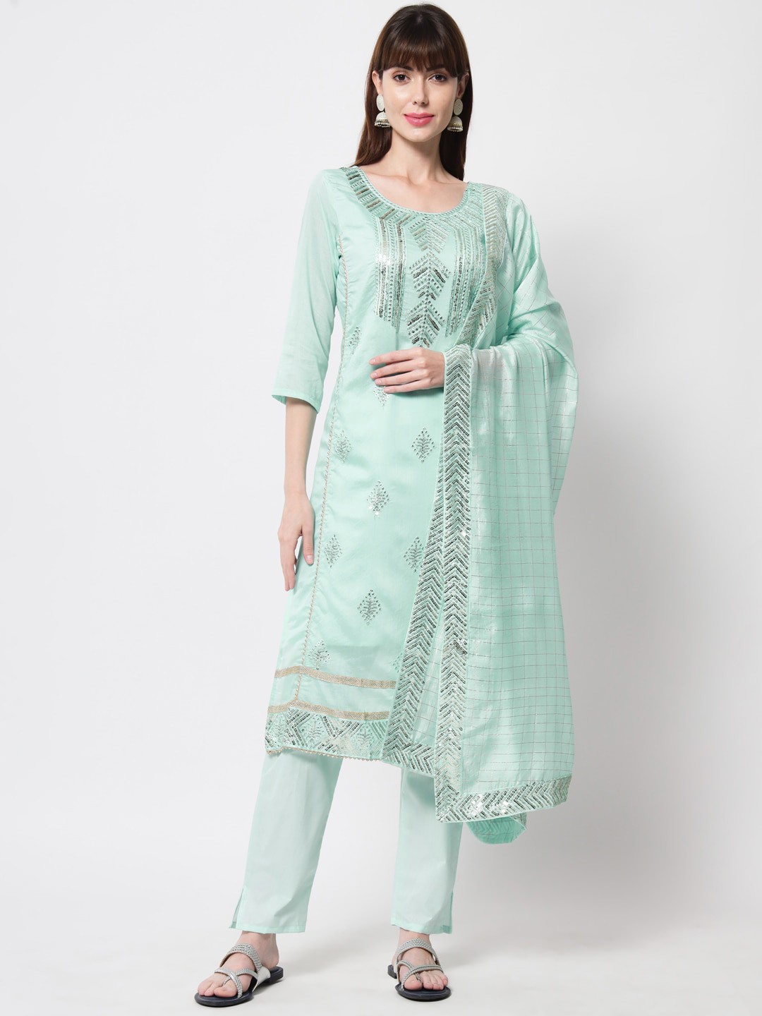 

Sitaram Designer Women Blue Ethnic Motifs Embroidered Pure Cotton Kurta with Trousers & With Dupatta
