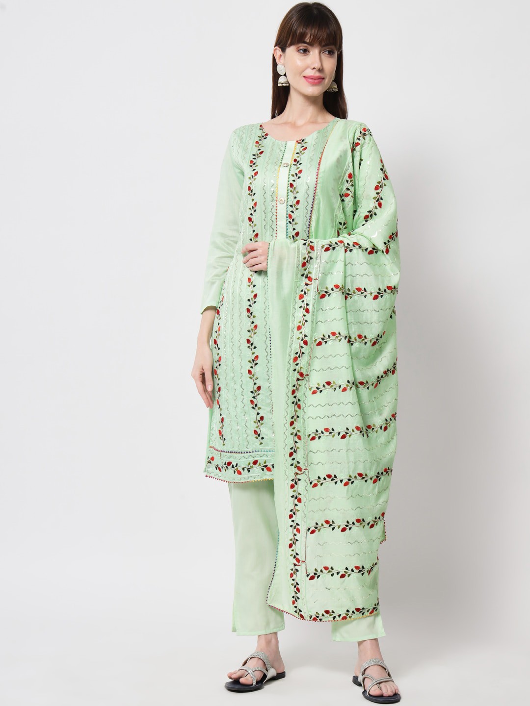 Sitaram Designer Women Green Floral Printed Pure Cotton Kurta with Trousers & With Dupatta