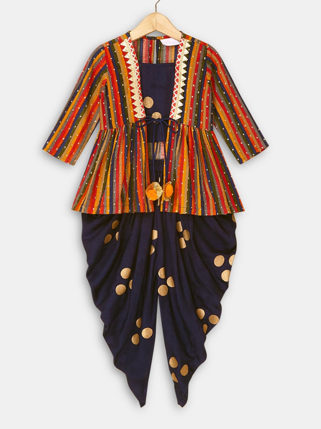 

Hopscotch Girls Navy Blue Striped Kurta with Dhoti Pants