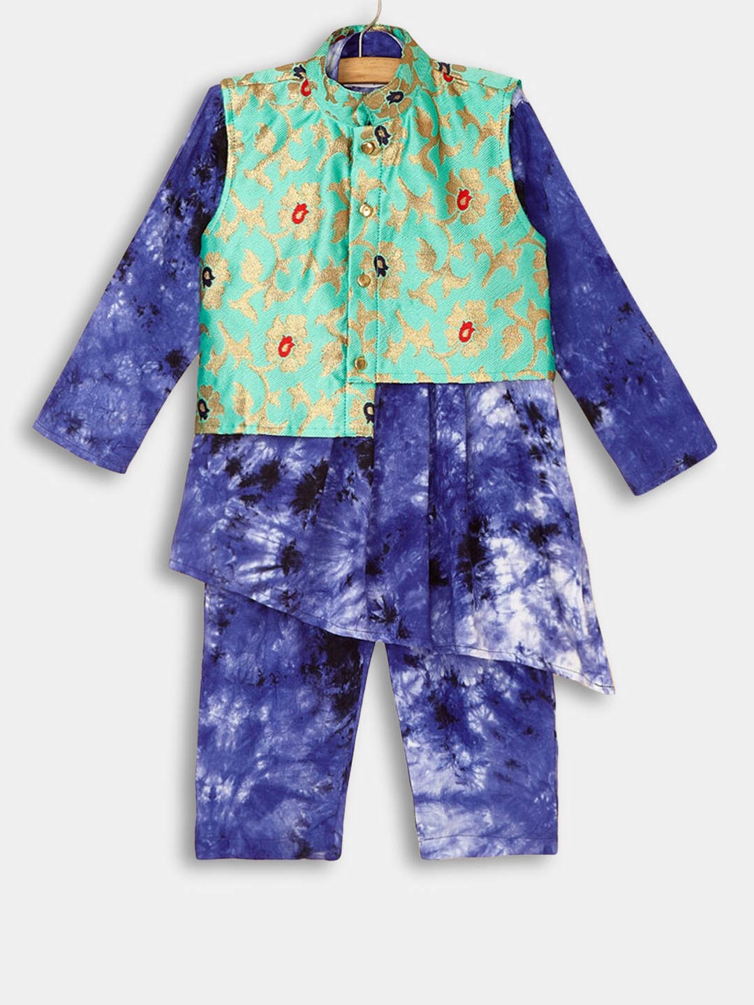 

Hopscotch Boys Blue & Green Tie & Dye Printed Kurta with Pyjamas & Nehru Jacket