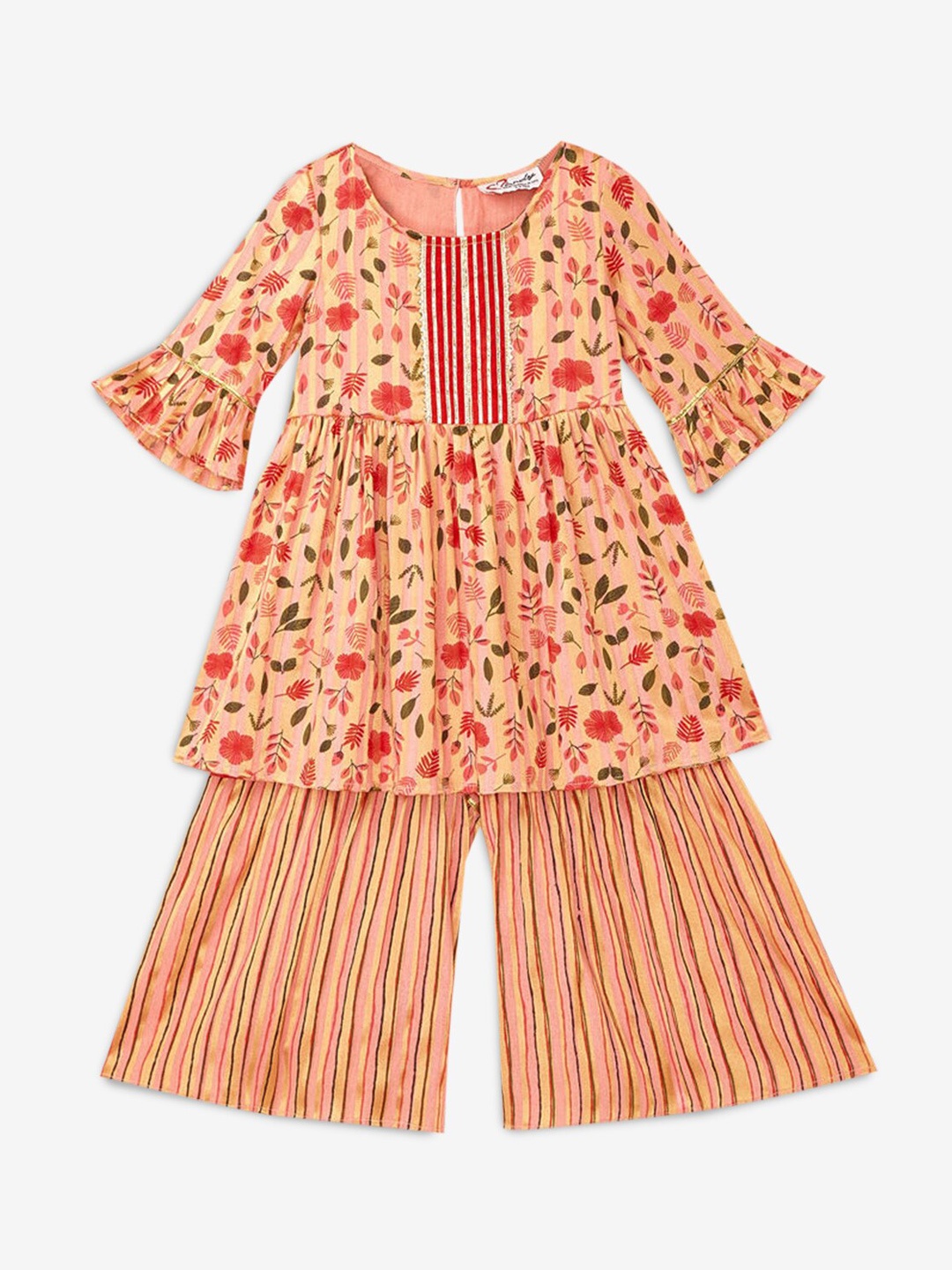

Hopscotch Girls Peach-Coloured Floral Printed Empire Kurta with Sharara