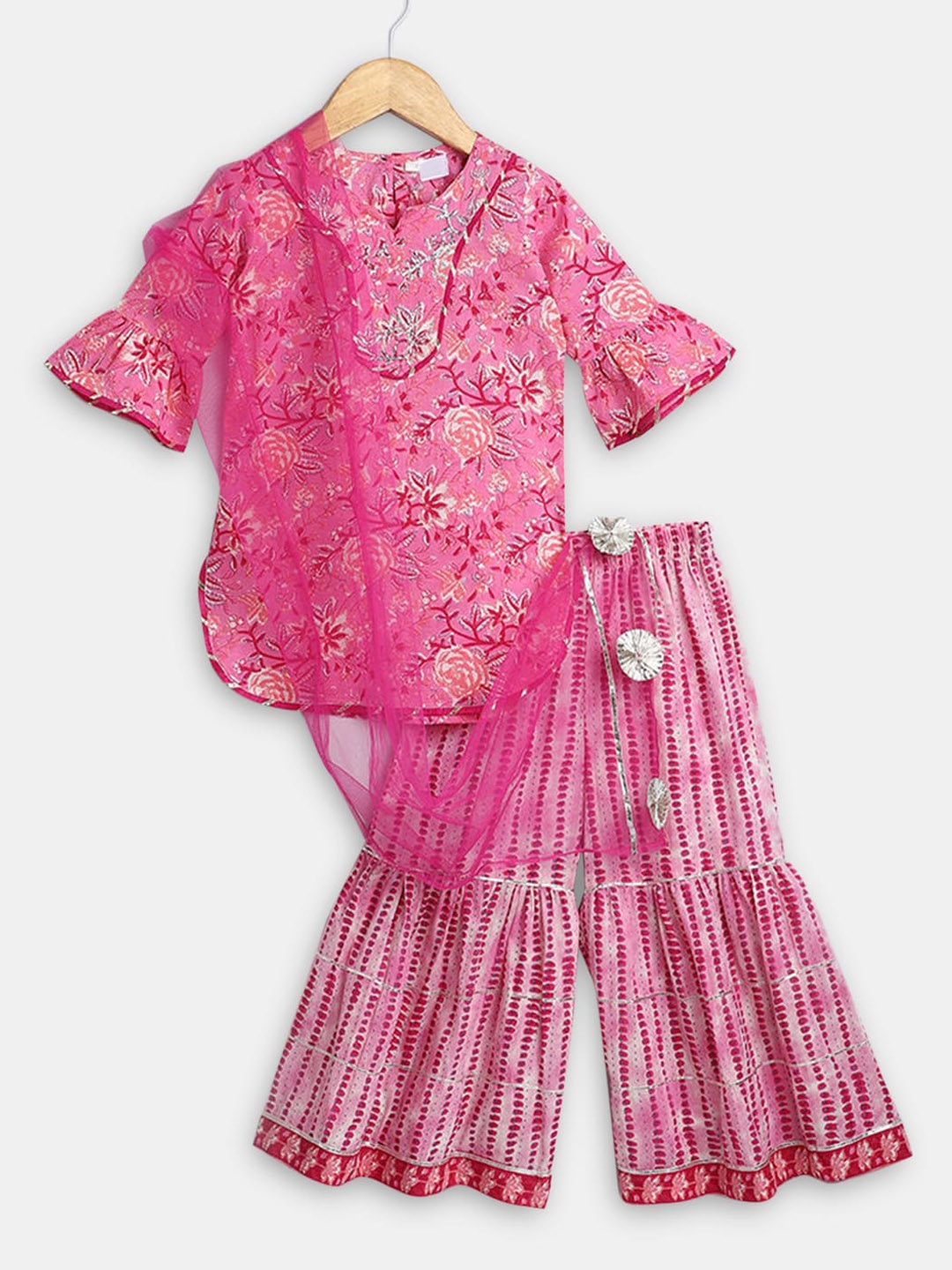 

Hopscotch Girls Pink Ethnic Motifs Printed Pure Cotton Kurta with Sharara & With Dupatta