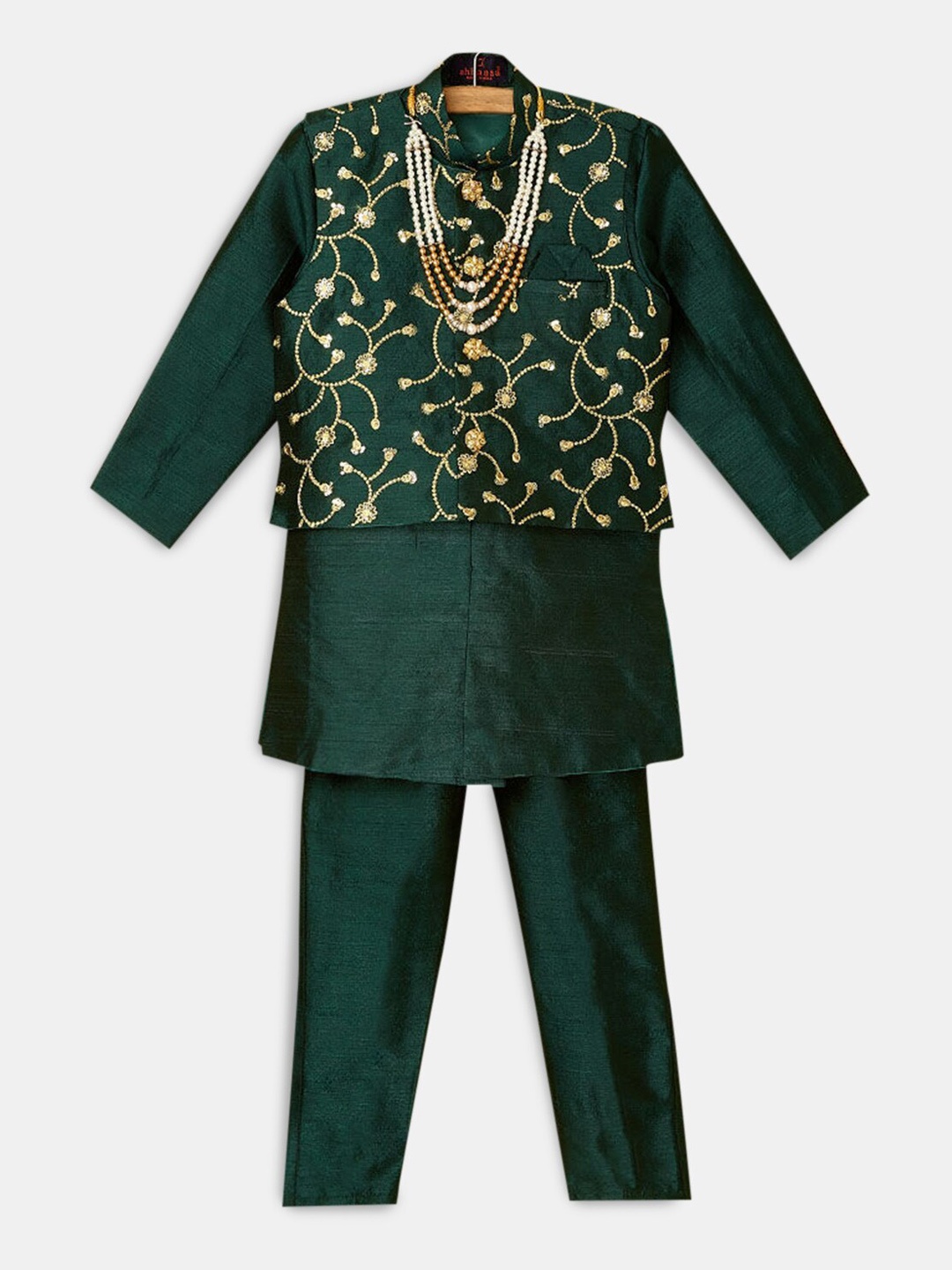 

Hopscotch Boys Green Kurta with Pyjamas & Nehru Jacket