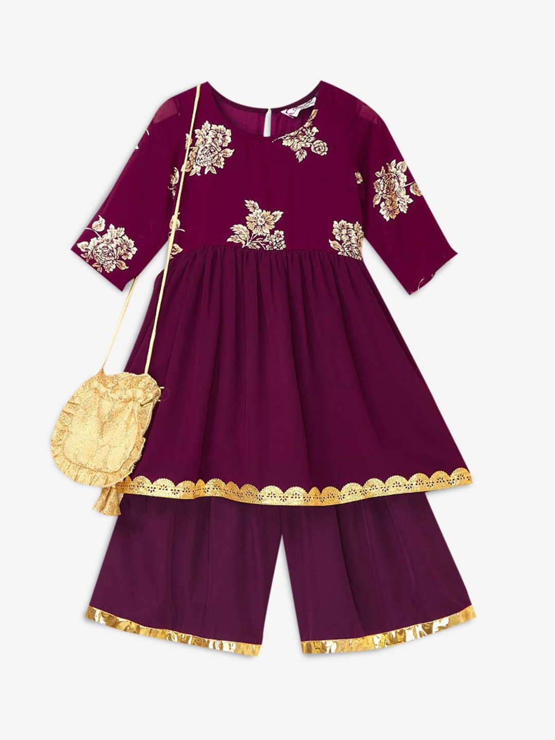 

Hopscotch Girls Burgundy Floral Printed Empire Kurta with Sharara