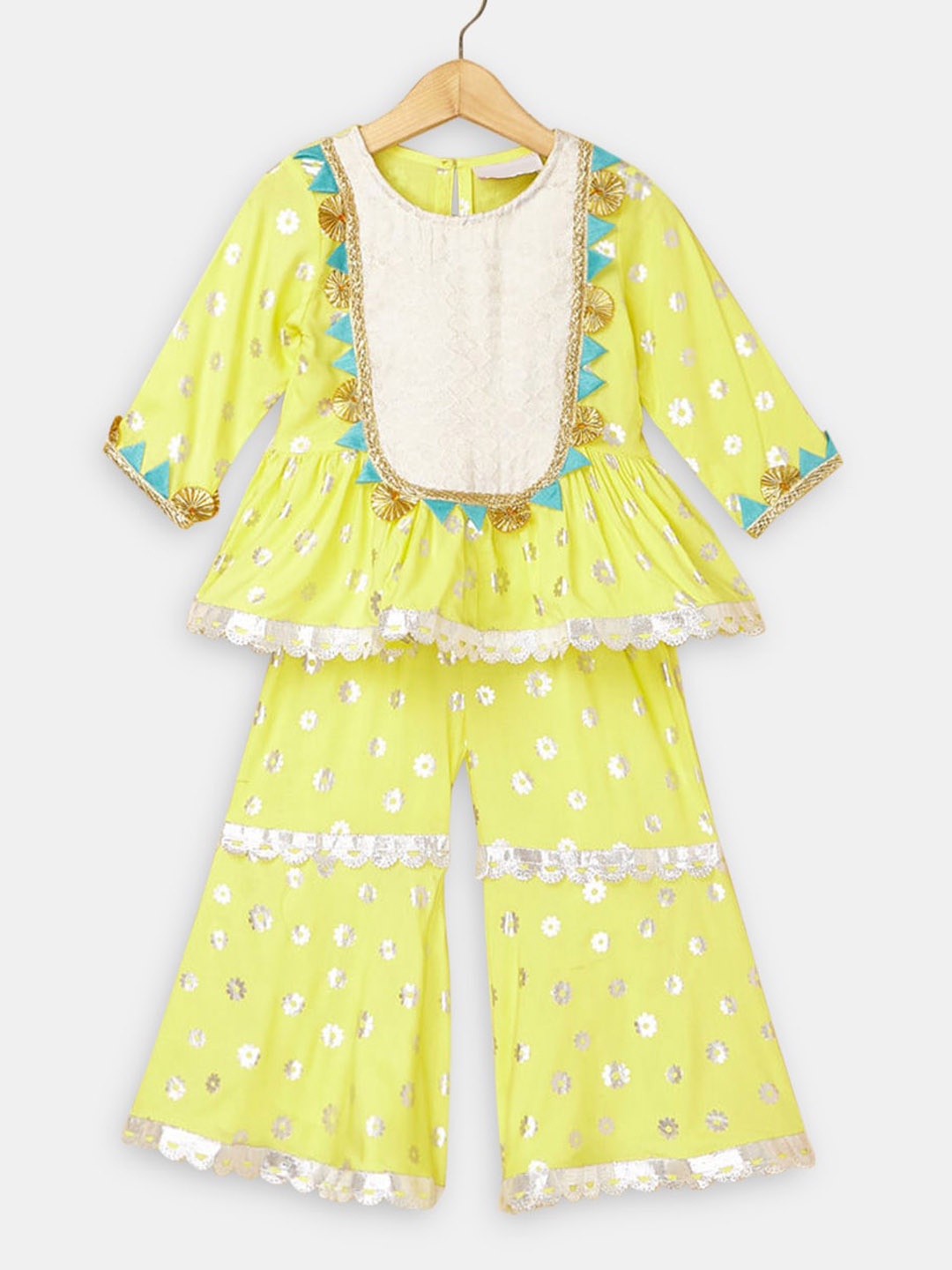 

Hopscotch Girls Yellow Ethnic Motifs Printed Pure Cotton Kurta with Sharara
