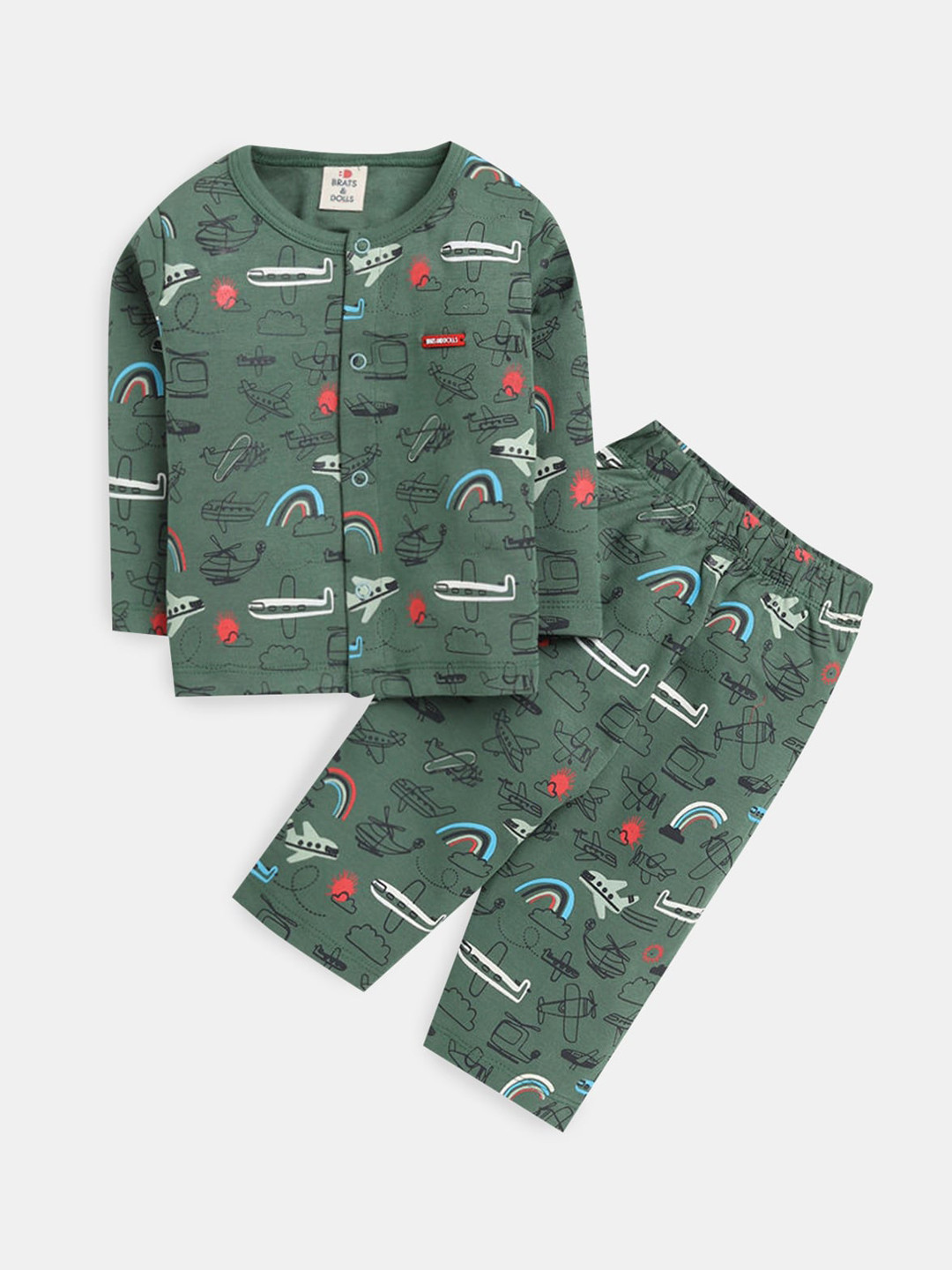 

Hopscotch Unisex Kids Printed Pure Cotton Night suit, Green