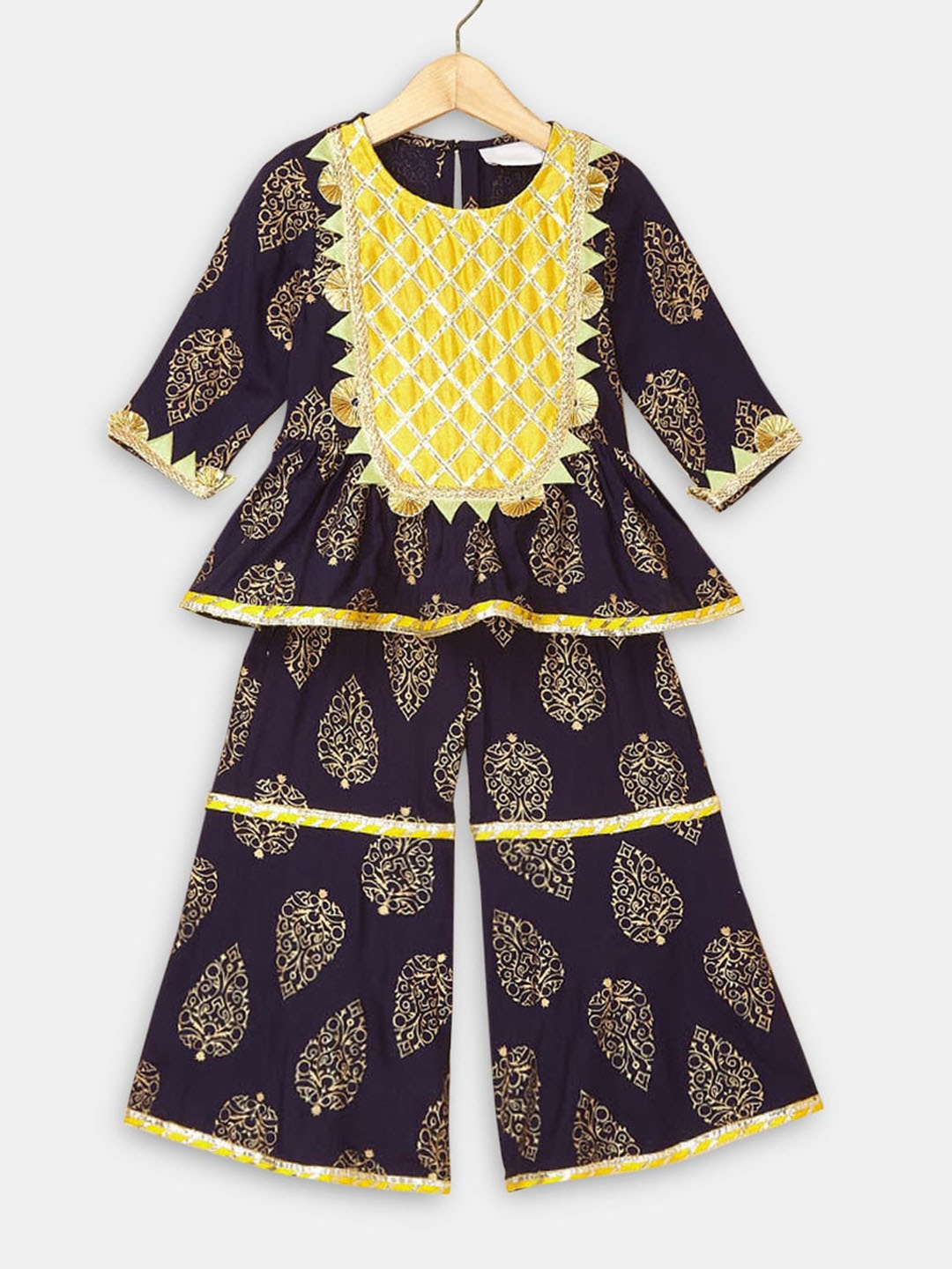 

Hopscotch Girls Navy Blue Ethnic Motifs Printed Gotta Patti Pure Cotton Kurta with Sharara
