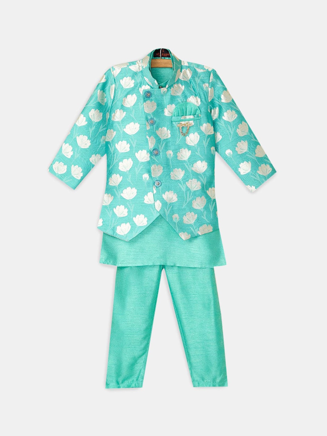 

Hopscotch Boys Turquoise Blue Kurta with Pyjamas & Jacket