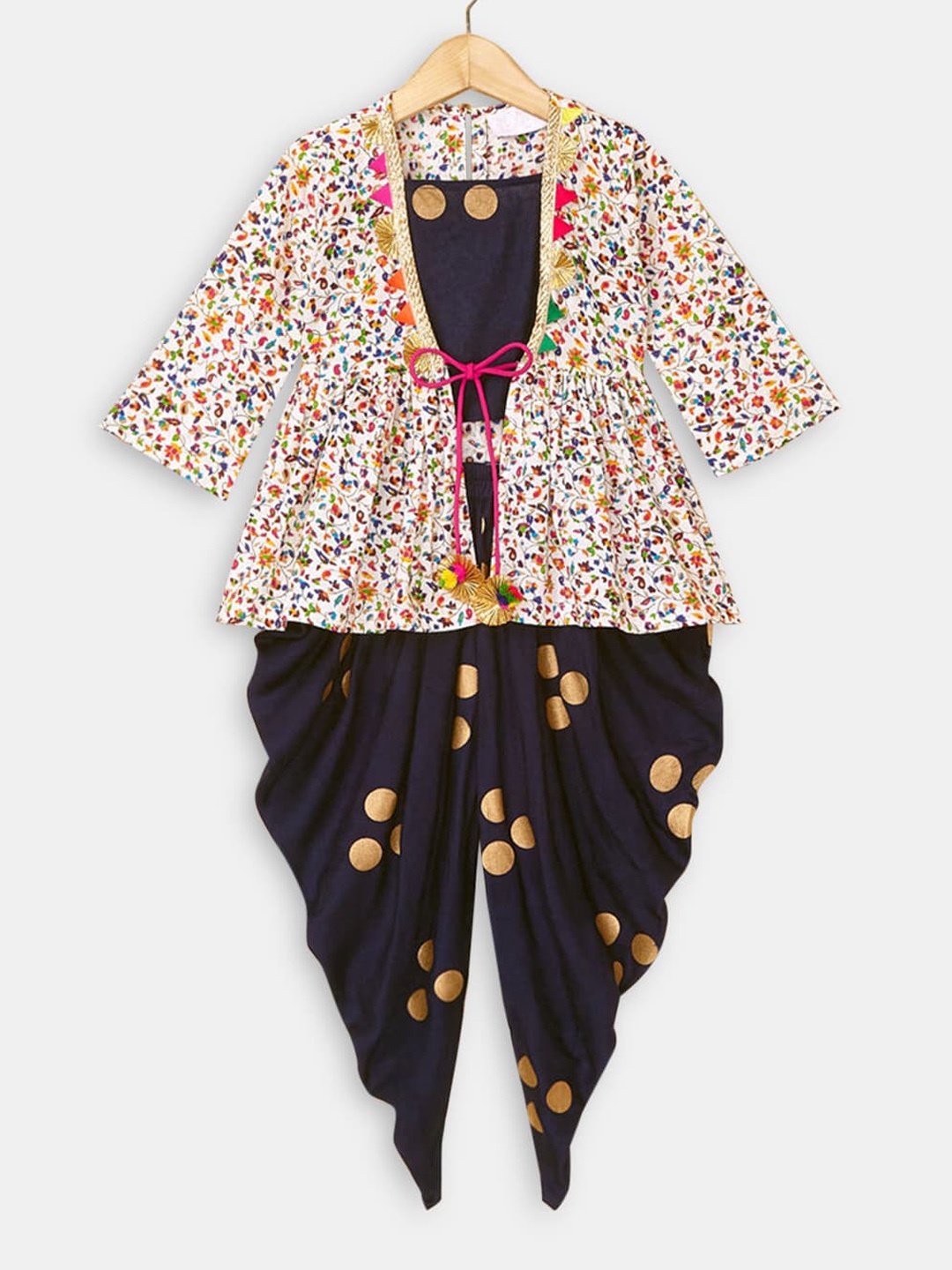 

Hopscotch Girls Navy Blue Floral Printed Kurta with Dhoti Pants