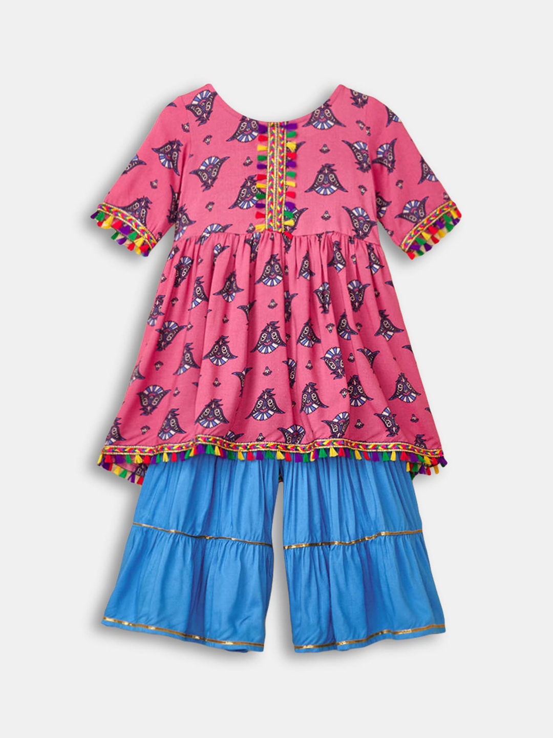 

Hopscotch Girls Pink Ethnic Motifs Printed Pure Cotton Kurta with Sharara