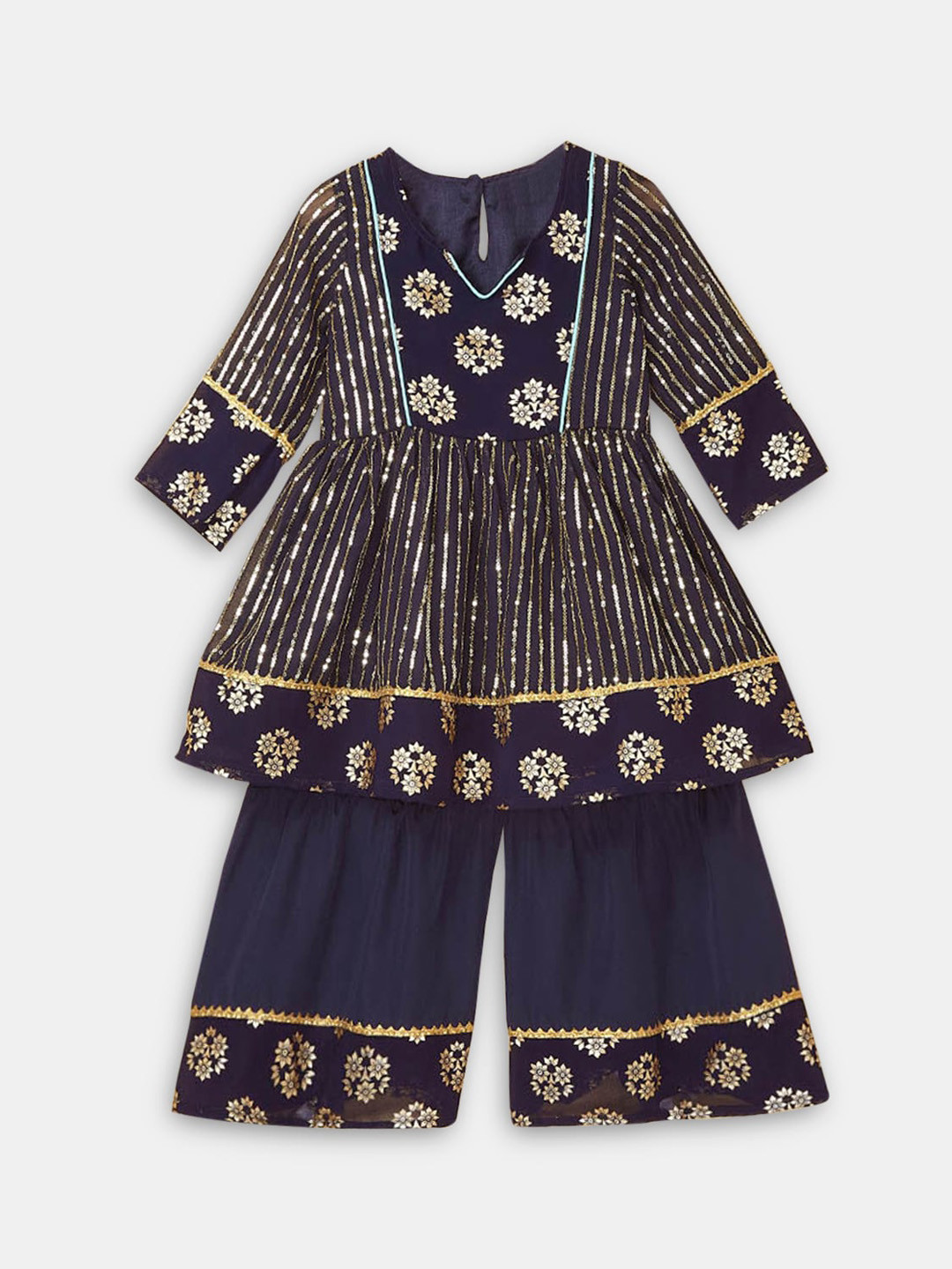 

Hopscotch Girls Navy Blue Ethnic Motifs Printed Kurta with Sharara