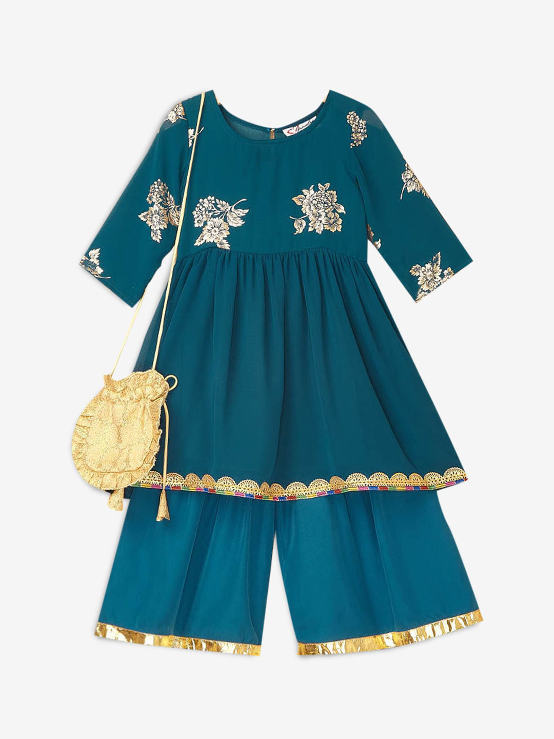 

Hopscotch Girls Blue Floral Printed Pleated Kurta with Sharara