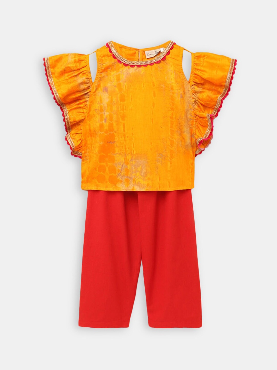 

Hopscotch Girls Yellow & Red Dyed Pure Silk Top with Trousers