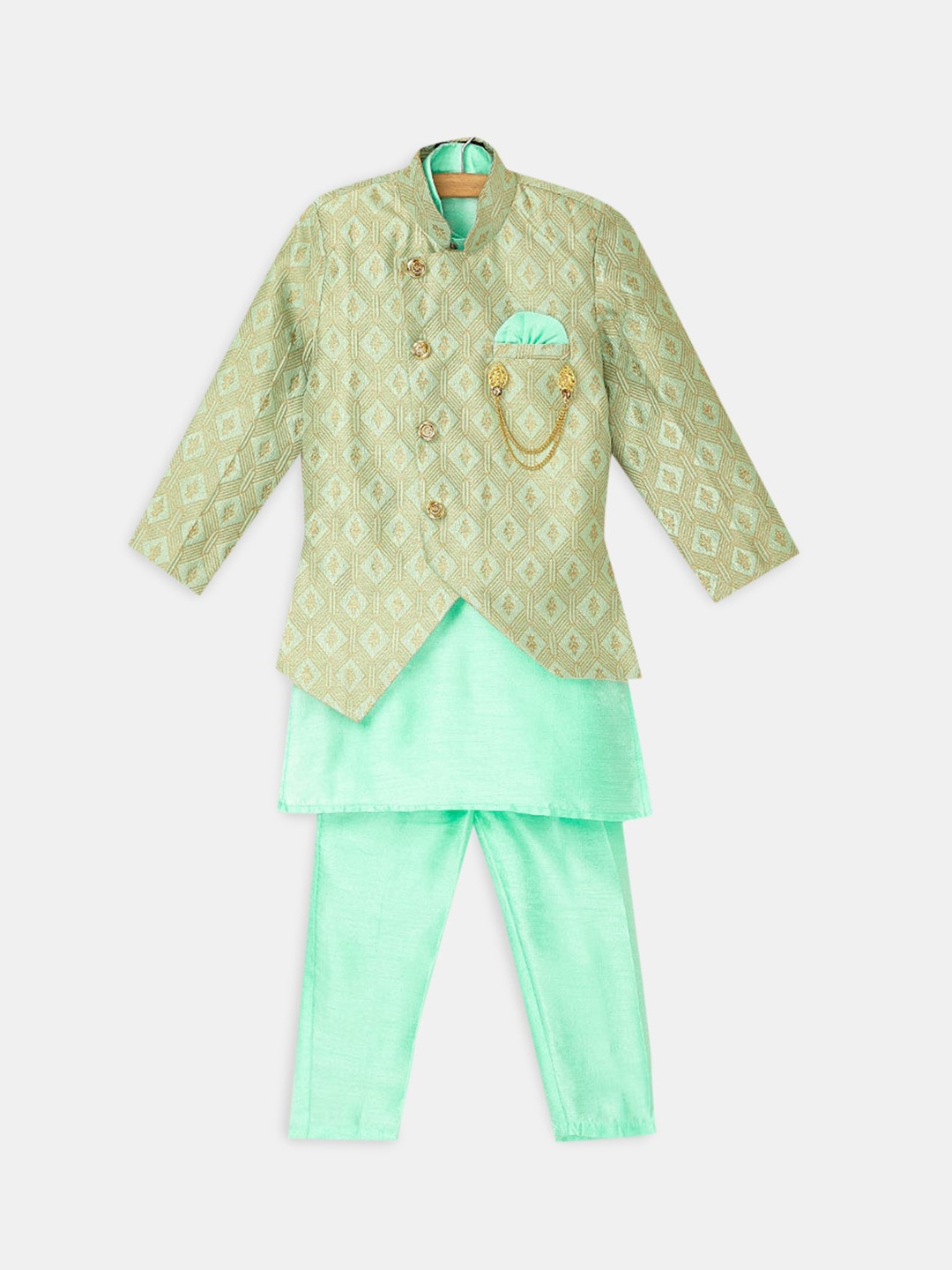 

Hopscotch Boys Green Pure Cotton Kurta with Trouser With Jacket